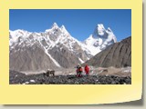19. Trekkers on Baltoro with Muztagh Tower in the background